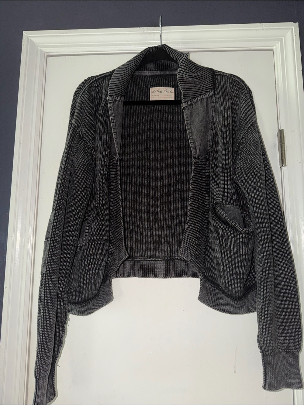 We The Free Dark Gray Ribbed Open Front Textured Cardigan